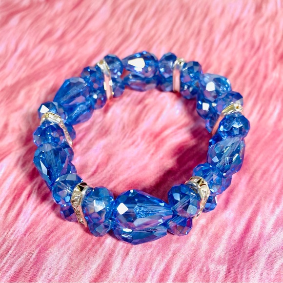 Bright blue Austrian crystal and CZ gorgeous 2 strand stretch bracelet - Picture 3 of 5